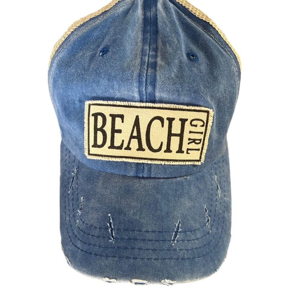 BEACH GIRL blue denim DISTRESSED cap hat NWOT